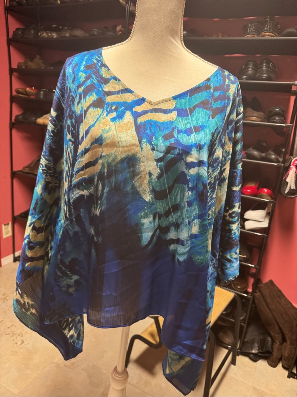 Chico’s Blue Abstract Animal Print Sheer Poncho Blouse L/XL